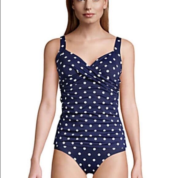Lands' End Women's Navy Polka Dot Swim Top and Shorts - Picture 2 of 14